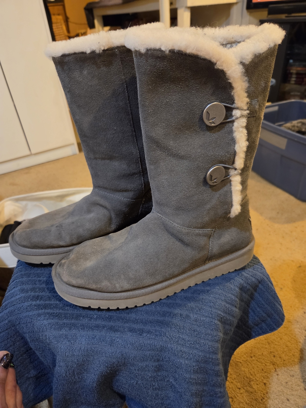 Koolaburra Gray Suede Shearling-Lined Button Winter Boots
